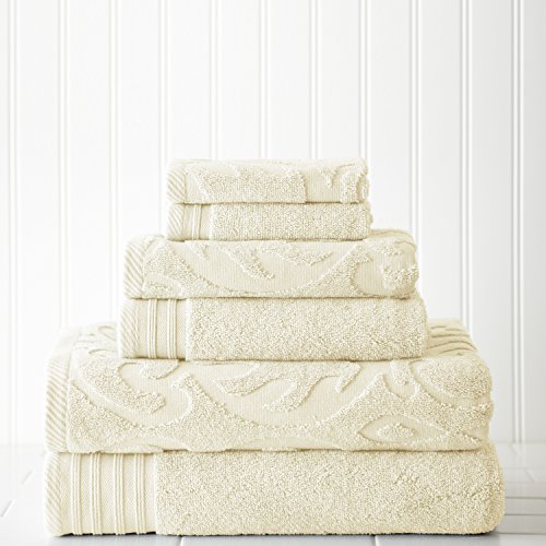 Modern Threads 6-teilig, 2 Badetücher, 2 Handtücher, 2 Waschlappen, Medaillon Jacquard/Solid Ultra Soft 550GSM 100% gekämmte Baumwolle Handtuch-Set Elfenbein von Amrapur