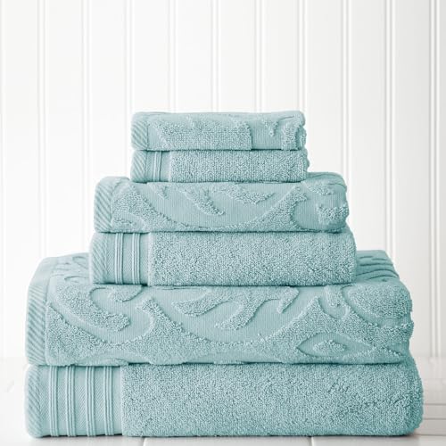 Amrapur Modern Threads 6-teilig, 2 Badetücher, 2 Handtücher, 2 Waschlappen, Medaillon Jacquard/Solid Ultra Soft 550GSM 100% gekämmte Baumwolle Handtuch-Set Sterling Blue von Modern Threads