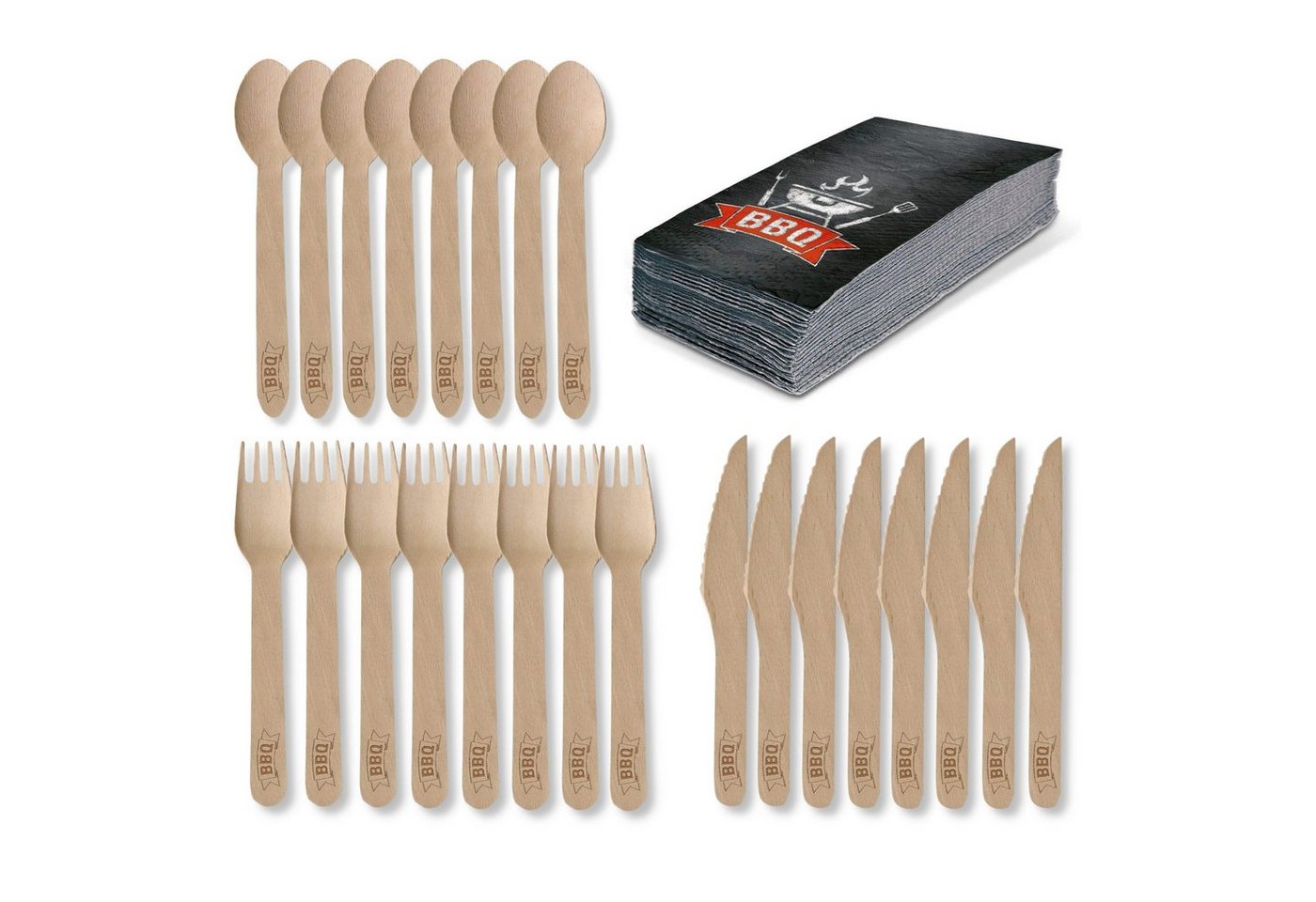 Amscan Einwegbesteck-Set BBQ Party Set - Holz-Besteck (24 Teile) + Servietten (20 Stück), Holz, Papier, umweltfreundlich und nachhaltig von Amscan