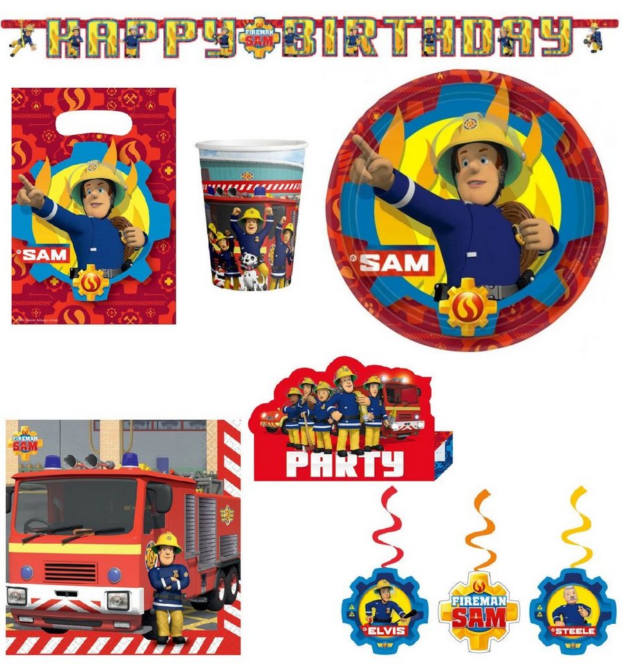 Amscan Einweggeschirr-Set 55 tlg Party Set Feuerwehrmann Sam Teller Becher Kinder Geburtstag, 8 Personen, Pappe von Amscan