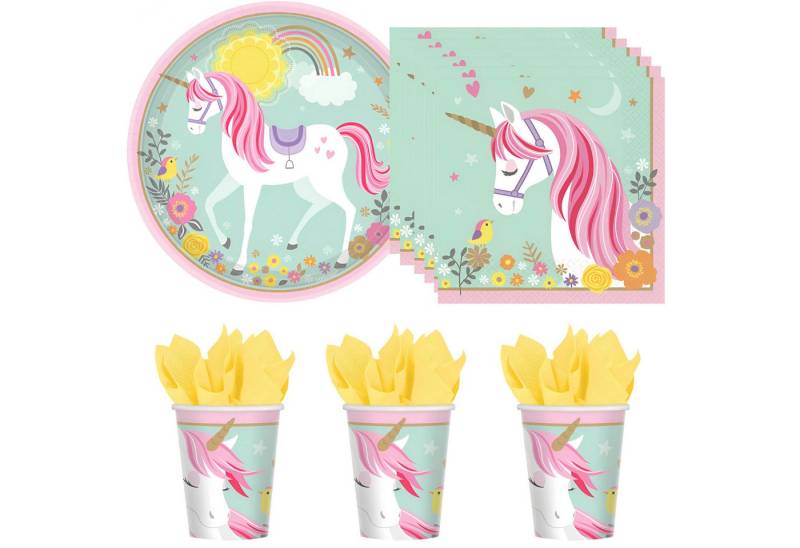 Amscan Kindergeschirr-Set Einhorn Unicorn Kinder Geburtstag Deko Set 32 tlg. Geschirr Partyset (32-tlg), 8 Personen von Amscan