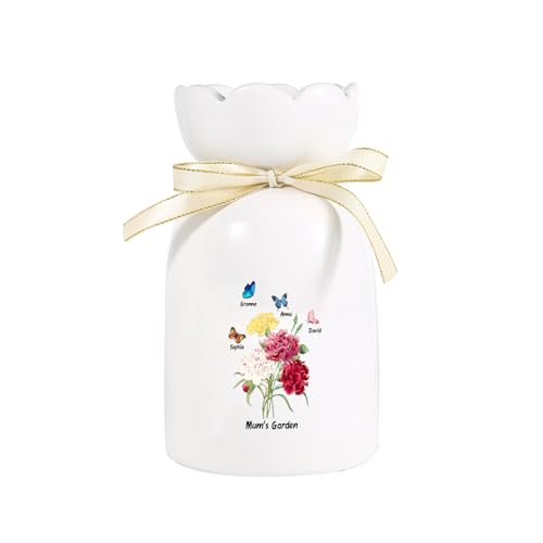 Amsgedhie Personalisierte Vase, Keramikvase mit personalisiertem Namen/Text, Muttertagsgeschenk für Mutti und Oma, Blumen, Schmetterlinge Weiße Porzellanvase Heimdekoration (Name 4, Stil 2) von Amsgedhie