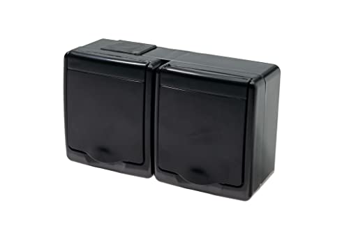 2-Fach Aufputzsteckdose Schwarz IP44 16A/250V Schuko Aufputz Feuchtraum Steckdose Schwarz von Amslight