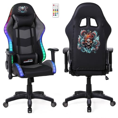 Amstrad Elite-LED-Kraken Gaming-Sessel – Schwarz und Grau – LED-Beleuchtung mit 576 Effekten – Fernbedienung – Armlehne 2D von Amstrad