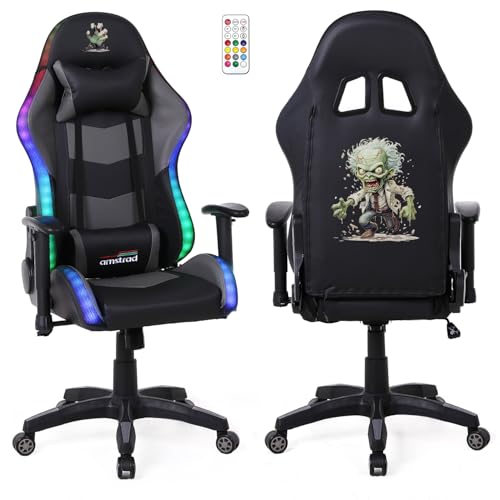 Amstrad Gaming-Stuhl Elite-LED-Zombie – Schwarz und Grau – LED-Beleuchtung mit 576 Effekten – Fernbedienung – Armlehne 2D von Amstrad