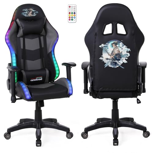 Amstrad LED-Samurai Gaming-Sessel, Schwarz und Grau, LED-Beleuchtung mit 576 Effekten, Fernbedienung, 2D-Armlehne von Amstrad