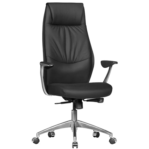 AMSTYLE Bürostuhl Echt-Leder Schwarz Design Schreibtischstuhl Armlehne Chefsessel höhenverstellbar 120KG Drehstuhl Synchronmechanik Drehsessel hohe Polster Rücken-Lehne Kopfstütze ergonomisch von AMSTYLE