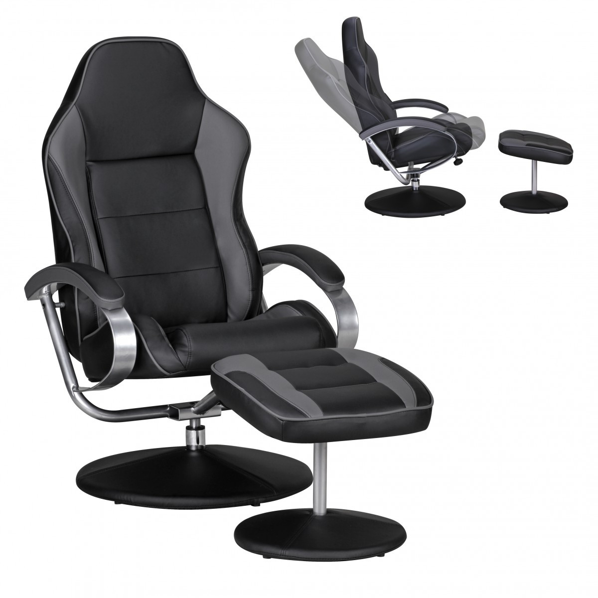 Fernsehsessel Design TV Relax-Sessel Racing Bezug Kunstleder schwarz / grau drehbar mit Hocke von Amstyle