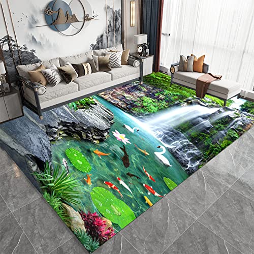 Amtoolate Teppich Kurzflor 60X100 cm Teppich wohnzimmerteppich, Teppiche für Wohnzimmer flauschig Shaggy Schlafzimmer Bettvorleger Outdoor Carpet Grüner Seewasserfall Roter Karpfen von Amtoolate