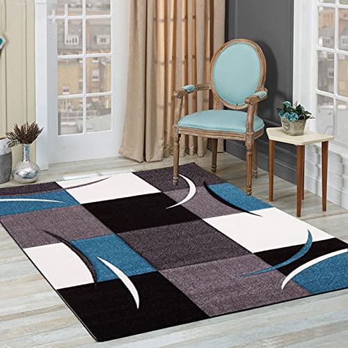 Teppich Kurzflor 160x230 cm Weich Teppich Schlafzimmer Modern Flauschig Teppich Anti-Rutsch-Flauschiger Shaggy Teppich für Wohnzimmer Schlafzimmer Bettvorleger Lila Schwarz Blau Quadrat Geometrie von Amtoolate