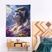 Uhd Wandtuch Furry Katze Fuchs Löwe Porträt Blue With Landscape Fursona Sfw Wandbehang Tapestry Wandteppich Überwurf Bettdecke von Amunthet