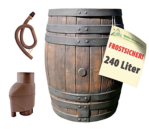 REGENTONNE EICHENFASS 240 Liter REGENFASS Wasserfass REGENWASSERTONNE Wassertonne - FROSTSICHERES Gartenfass für Regenwasser u.v.m. in Holz-Optik aus robustem PE-Kunststoff - MIT REGEN-FILTER-SET von Amur