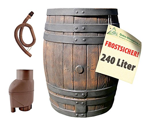 REGENTONNE EICHENFASS 240 Liter REGENFASS Wasserfass REGENWASSERTONNE Wassertonne - FROSTSICHERES Gartenfass für Regenwasser u.v.m. in Holz-Optik aus robustem PE-Kunststoff - MIT Regen-Filter-Set von AMUR