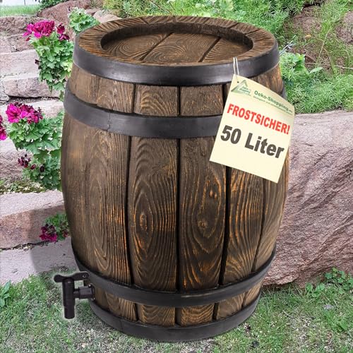 REGENTONNE WASSERFASS REGENFASS REGENWASSERTONNE mit fühlbarer Holzstruktur, in sehr schönem Holz-Design, mit Maserung wie EIN HOLZFASS, dauerhaftdicht und splitterfrei! (50L) von AMUR