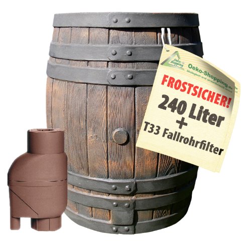 REGENTONNE EICHENFASS 240L m. REGENSAMMLER T33, das REGENFASS m. REGENFILTER zur AUTOMATIK-BEFÜLLUNG, fühlbare Holzstruktur in sehr schönem Holz-Design, täuschend-echte Holzstruktur von AMUR