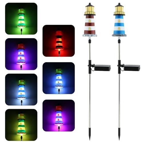 Amusingtao Solar Leuchtturm, 2 Stück Solarbetriebener LED Leuchtturm, LED Außen Solarlampen Wasserdicht Gartendeko Lichter, Gartendeko Leuchtfeuer Turm Leuchtfeuer Solarbeleuchtung für Garten von Amusingtao