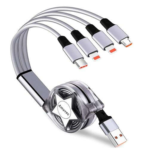 Amuvec Multi USB Mehrere Kabel 3A 1M, 4 in 1 Einziehbares Universal Ladekabel mit 2*iP Typ C Micro USB Anschluss, für Phone, Samsung Galaxy S23 S21 S10, Huawei, LG, Xiaomi, Pixel, Sony, PS5 von Amuvec