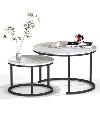 Amveya Couchtisch Rund Weiss 2er Set, Wohnzimmertisch Rund Weiß, Coffee Table mit weißem Marmoreffekt, Beistelltische fürs Wohnzimmer mit schwarzem Rahmen Amveya Couchtisch Rund Weiss 2er Set, Wohnzimmertisch Rund Weiß, Coffee Table mit weißem Marmoreffekt, Beistelltische fürs Wohnzimmer mit schwarzem Rahmen von Amveya