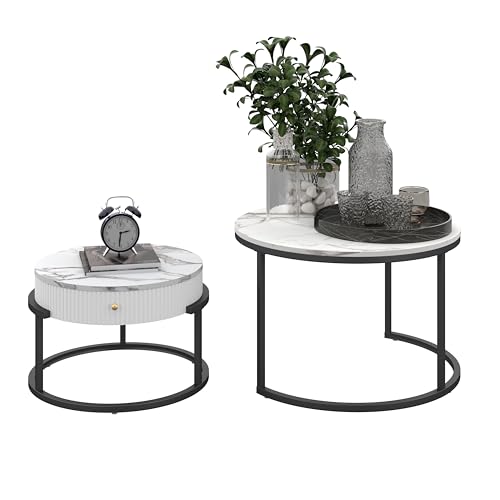 Amveya Couchtisch Rund mit Stauraum, Couchtisch 2er Set, Satztische fürs Wohnzimmer, Wohnzimmer Tisch in Marmoroptik von Amveya