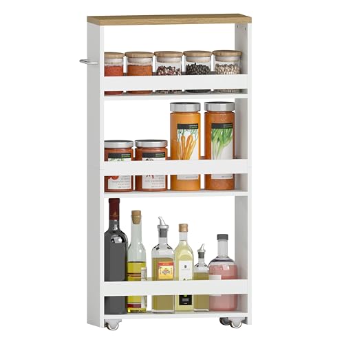 Amveya Servierwagen mit Rollen, Küchenregal Schmal mit 4 Ebene, Küchenwagen Weiß und Holz, Mini Regal 40 x 14 x 80 cm von Amveya