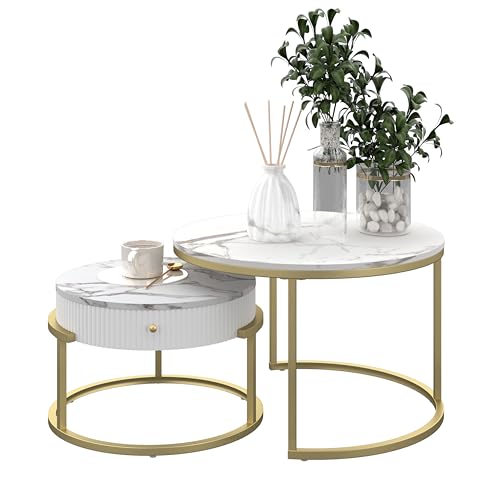 Couchtisch mit Stauraum, Couchtisch rund 2er Set, Wohnzimmertisch Modern, Coffee Table in Marmor Optik von Amveya