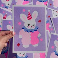Clown Häschen A5 Risograph Print von AmyHastingsTextiles