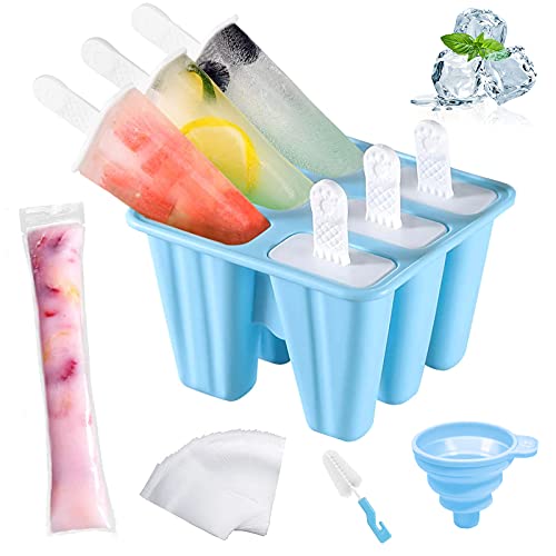 AmzKoi Eisformen Eis am Stiel Silikon, 6 Zellen Eis am Stiel Formen BPA Frei für Kinder, Erwachsen und Baby, Popsicle Formen Set mit Reinigungsbürste und Falttrichter (Blau) von AmzKoi