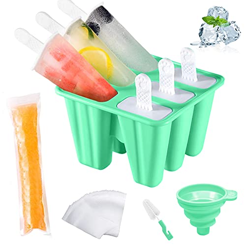 AmzKoi Eisformen Eis am Stiel Silikon, 6 Zellen Eis am Stiel Formen BPA Frei für Kinder, Erwachsen und Baby, Popsicle Formen Set mit Reinigungsbürste und Falttrichter (Grün) von AmzKoi