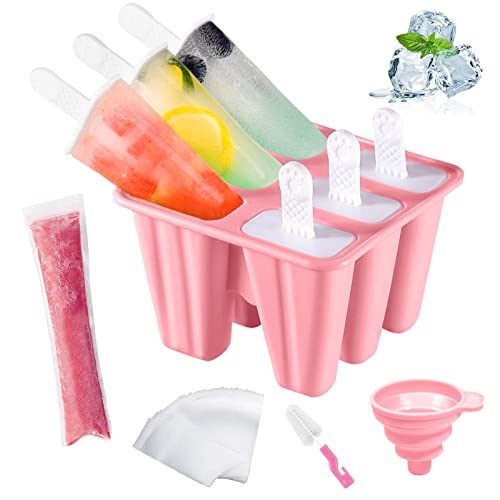 AmzKoi Eisformen Eis am Stiel Silikon, 6 Zellen Eis am Stiel Formen BPA Frei für Kinder, Erwachsen und Baby, Popsicle Formen Set mit Reinigungsbürste und Falttrichter (Rosa) von AmzKoi