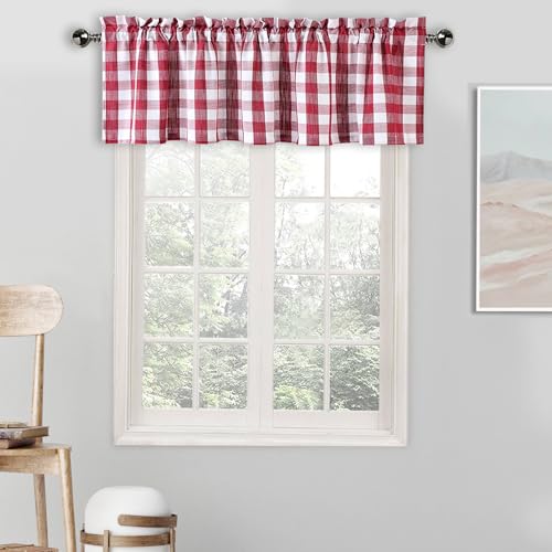 Amzdecor Buffalo Plaid Volant Bauernhaus Küchenvorhang Rot Weiß Leinen Sheer Karo Stangentasche Rustikale Fensterbehandlung für Wohnzimmer Küche 1 Panel, 140 x 38 cm, Rot und Weiß von Amzdecor