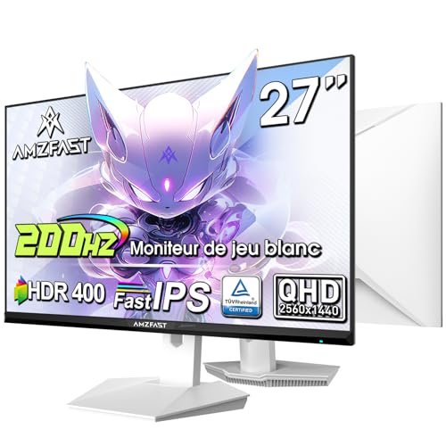 Amzfast 27 Zoll Gaming Monitor – 200Hz(DP) Fast IPS QHD 2560x1440, 1ms GTG, 95% DCI-P3,130% sRGB, HDR,Adaptive Sync, Mit HDMI 2.0 * 2/DP 1.4 * 2 Kabel, Weiß - AMZG27F6Q von Amzfast