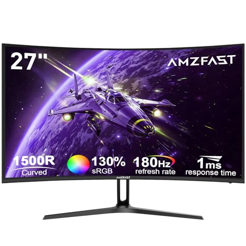 Amzfast 27 Zoll Curved Gaming Monitor - 180Hz, FHD(1920x1080), VA 1500R, 1ms GtG, sRGB 130%, DCI-P3 95%, HDR, Adapive Sync, Blaulichtfilter, VESA 100 * 100, HDMI 1.4/DP 1.2 mit HDMI-Kabel - AMZG27C1 von Amzfast