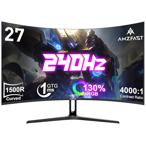 Amzfast Curved Gaming Monitor 27 Zoll, 240Hz(DP), FHD(1920x1080), sRGB 130%, DCI-P3 98%, VA Panel 1500R, 1ms GtG, Adaptive Sync, Eye-Care, VESA 100x100, HDMI 2.0/DP 1.4 mit DP-Kabel - AMZG27C1 Pro von Amzfast