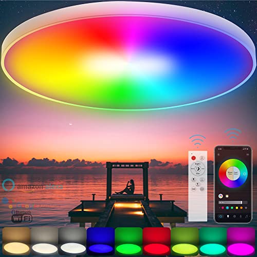 LED Deckenleuchte RGB Farbwechsel, 48W Smart Deckenlampe Dimmbar Kontrolle durch Fernbedienung und APP, Kompatibel mit Alexa/Google Home, Rund Ø37cm, IP44, für Schlafzimmer Badezimmer, Weiß von Amzxiubii