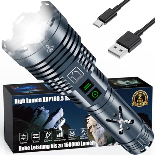 Amzyigou Taschenlampe Led 150000 Lumen XHP160.5 Aufladbare USB Taschenlampen, Zoombare 6 Lichtmodi Taschenlampe Led Extrem Hell IP67 Wasserdicht füR Outdoor Camping NotfäLle(Grey) von Amzyigou