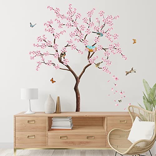 AnFigure Rosa Blüte Baum Wandaufkleber Wohnzimmer Frauen Schlafzimmer Mädchenzimmer Wandaufkleber Vögel auf Zweig Schmetterling Natur Pflanze Blume Wandaufkleber TV Sofa Hintergrund Wanddekoration von AnFigure