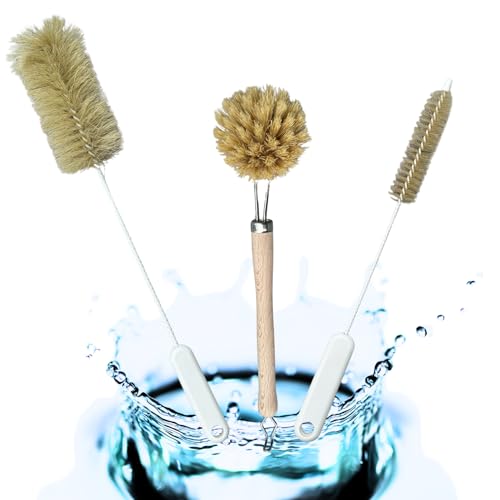 AnLeFi Nachhaltiges 3er Set 1 Flaschenbürste lang aus Rosshaar ideal für Sprudel-und Glasflaschen + 1 Flaschenbürste klein für Enge Flaschen -und Behälteröffnungen + 1 Spülbürste aus Naturborsten von AnLeFi