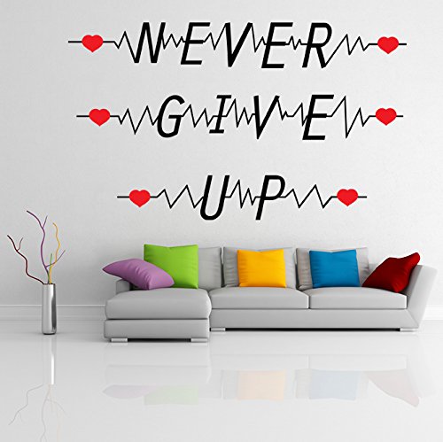 (60 cm x 36 cm) Vinyl, Never Give Up ", Herz-Form, Pulsuhr mit englischer Text, Vinyl, ablösbar, motivierend Wörter DIY Wandsticker, Vinyl, inklusive zufällig Geschenk! von AnOL