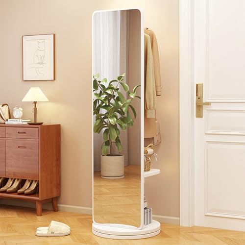 AnYaBinni 360° Schwenkbar Drehbarer Ganzkörperspiegel mit Kleiderstange und 4 Haken, Bambus Bodenspiegel mit Regalbrett für Wohnzimmer, Schlafzimmer, 40 * 30 * 160 cm von AnYaBinni