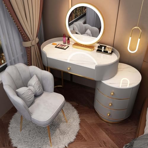 AnYaBinni Schminktisch für Schlafzimmer mit LED Spiegel, 3 Einstellbare Farben und Helligkeitsstufen, Frisiertisch mit 5 Schubladen aus Holz, Stuhl, Moderner Stil, 80/100 * 40 * 78 cm von AnYaBinni