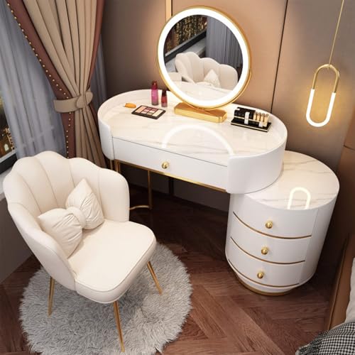 AnYaBinni Schminktisch für Schlafzimmer mit LED Spiegel, 3 Einstellbare Farben und Helligkeitsstufen, Frisiertisch mit 5 Schubladen aus Holz, Stuhl, Moderner Stil, 80/100 * 40 * 78 cm von AnYaBinni