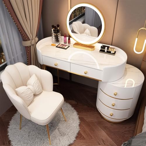 AnYaBinni Schminktisch für Schlafzimmer mit LED Spiegel, 3 Einstellbare Farben und Helligkeitsstufen, Frisiertisch mit 5 Schubladen aus Holz, Stuhl, Moderner Stil, 80/100 * 40 * 78 cm von AnYaBinni