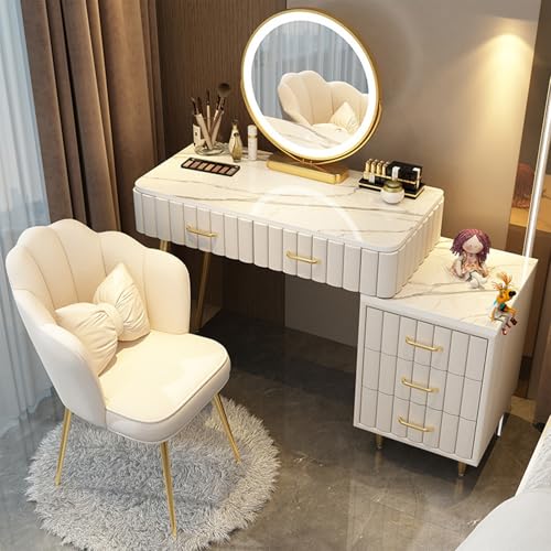 AnYaBinni Schminktisch mit Spiegel und LED-Beleuchtung, 3 Farben mit Einstellbarer Helligkeit, Modern Schminktisch mit 5 Schubladen aus Massivholz, Stuhl für Schlafzimmer, 80/100 * 40 * 76 cm von AnYaBinni
