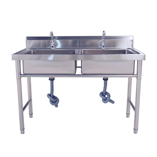 Freistehende Edelstahl Spültisch 2 Becken mit Heißem und Kaltem Wasserhahn, Gewerbliche Spülbecken mit Drainage-Set, Abfluss Sieb für Küche, Esszimmer, 100 * 50 * 80 CM von AnYaBinni