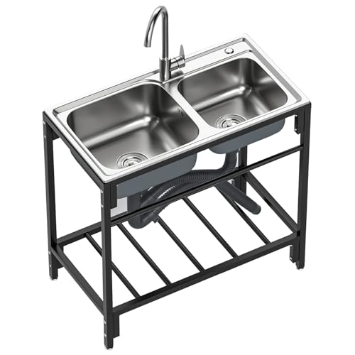 Freistehende Edelstahl Spültisch 2 Becken mit Wasserhahn, Outdoor-Spüle mit Ablassvorrichtung, Ablagefach für Restaurants, Wäschereien, 83 * 44 * 85 CM von AnYaBinni