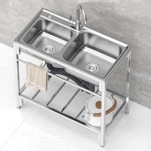 Freistehende Edelstahl Spültisch 2 Becken mit Wasserhahn, Outdoor-Spüle mit Ablassvorrichtung, Ablagefach für Restaurants, Wäschereien, 83 * 44 * 85 CM von AnYaBinni