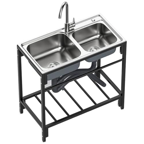 Freistehende Edelstahl Spültisch 2 Becken mit Wasserhahn mit Kalt und Warmwasserschläuchen, Outdoor Spüle mit Ablaufgarnitur und Ablagefach für Küche, Garage, Waschküche, 83 * 44 * 85 CM Freistehende Edelstahl Spültisch 2 Becken mit Wasserhahn mit Kalt und Warmwasserschläuchen, Outdoor Spüle mit Ablaufgarnitur und Ablagefach für Küche, Garage, Waschküche, 83 * 44 * 85 CM von AnYaBinni