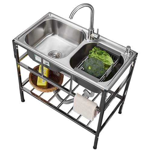 Freistehende Edelstahl Spültisch 2 Becken mit Wasserhahn mit Kalt und Warmwasserschläuchen, Outdoor Spüle mit Ablaufgarnitur und Ablagefach für Küche, Garage, Waschküche, 83 * 44 * 85 CM Freistehende Edelstahl Spültisch 2 Becken mit Wasserhahn mit Kalt und Warmwasserschläuchen, Outdoor Spüle mit Ablaufgarnitur und Ablagefach für Küche, Garage, Waschküche, 83 * 44 * 85 CM von AnYaBinni