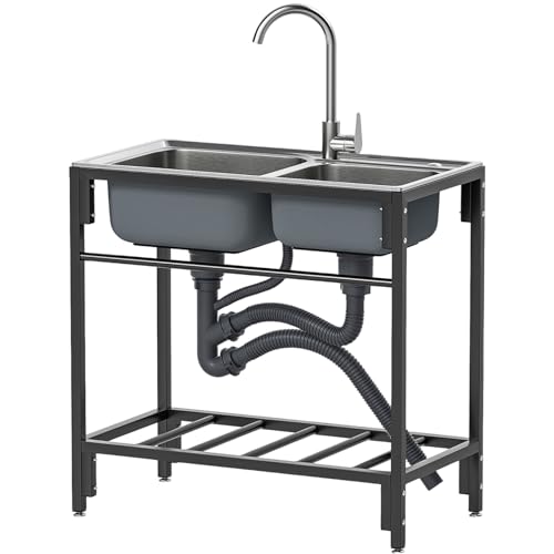 Freistehende Edelstahl Spültisch de Küche mit Wasserhahn mit Kalt und Warmwasserschläuchen, Gewerbliche Spülbecken mit Lagerregal und Ablassvorrichtung für Außen, Innen, 83 * 44 * 85 CM von AnYaBinni