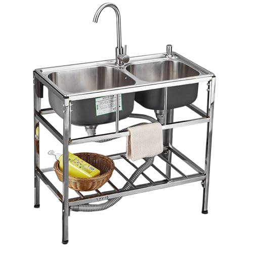 Freistehende Edelstahl Spültisch mit Kalt und Warmwasserschläuchen, Gewerbliche Spülbecken mit Ablassvorrichtung und Ablagefach für Außen, Innen, Küche, Restaurant von AnYaBinni